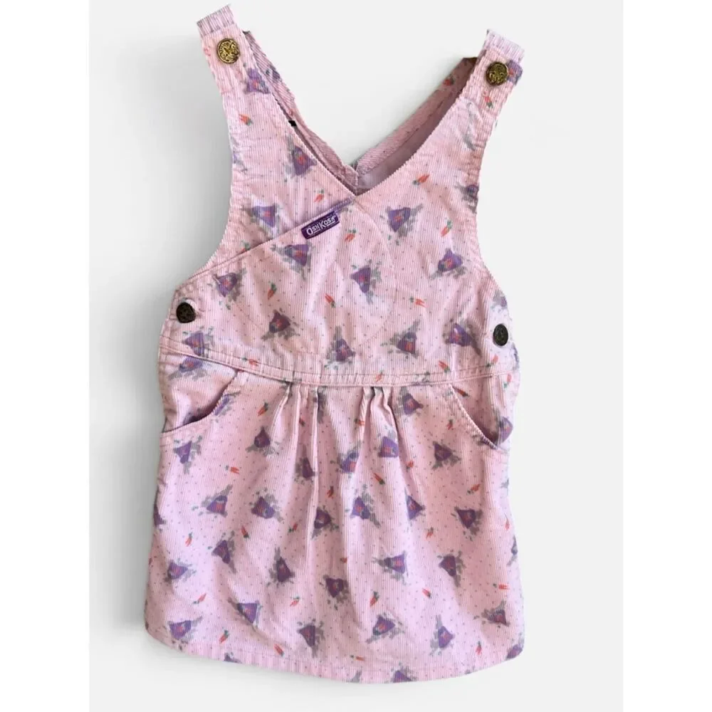 VTG 90s OshKosh Vestbak Corduroy Overall Dress Peter Cottontail Bunny Print 4T